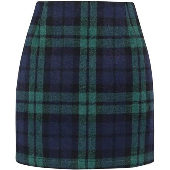 Women's Wool Plaid Mini Skirt - High-Waisted Bodycon Pencil Skirt - Picture 2 of 7